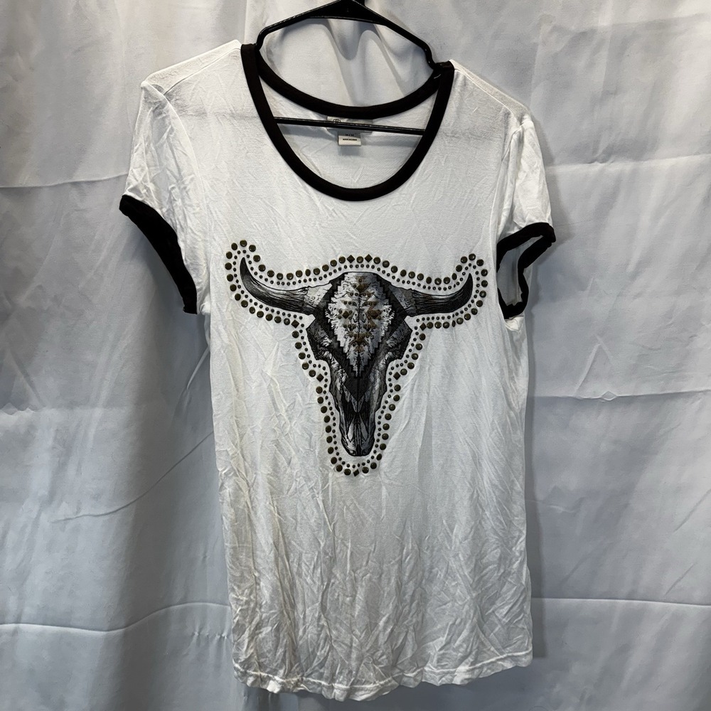 Ariat Bull Steer Skull Graphic Beaded White Ringer Top Women's Small T-Shirt